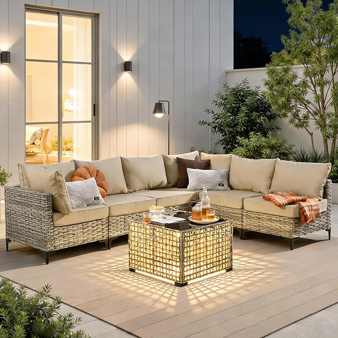 7 Pieces Patio Furniture Set with Solar Light Coffee Table, All-Weather Rattan Outdoor Sectional Conversation Sets L Shaped Sofas with Thick Cushions for Porch Balcony Backyard Beige