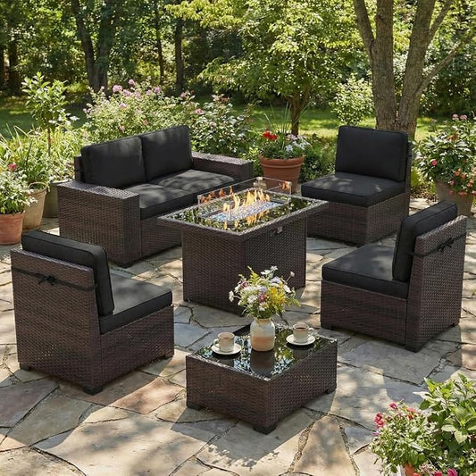 LayinSun 7 Pieces Outdoor Patio Furniture Set with 44" Fire Pit Table Brown Rattan Sectional Sofa Conversation Sets