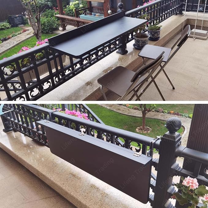 Outdoor Balcony Bar Table for Railings Aluminium Folding Balcony Shelf 5 Height Adjustable Wall-Mounted Side Table Saving Space 120 lbs Loading Serving Table for Patio Deck(Black,39.4x15.7in)