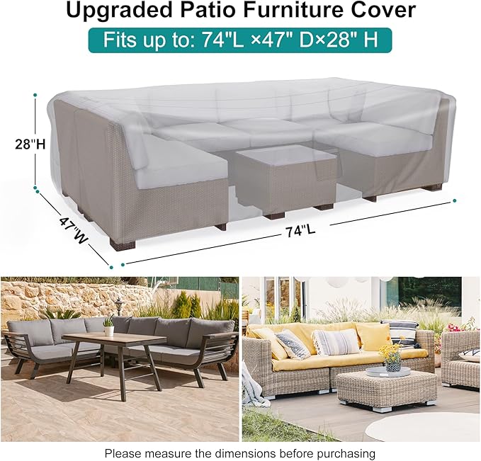 Patio Furniture Set Cover Waterproof, Heavy Duty Furniture Covers for Outdoor Sectional Sofa Set Wicker Rattan Table Chair Rectangular,74"L×47"W×28"H,Grey