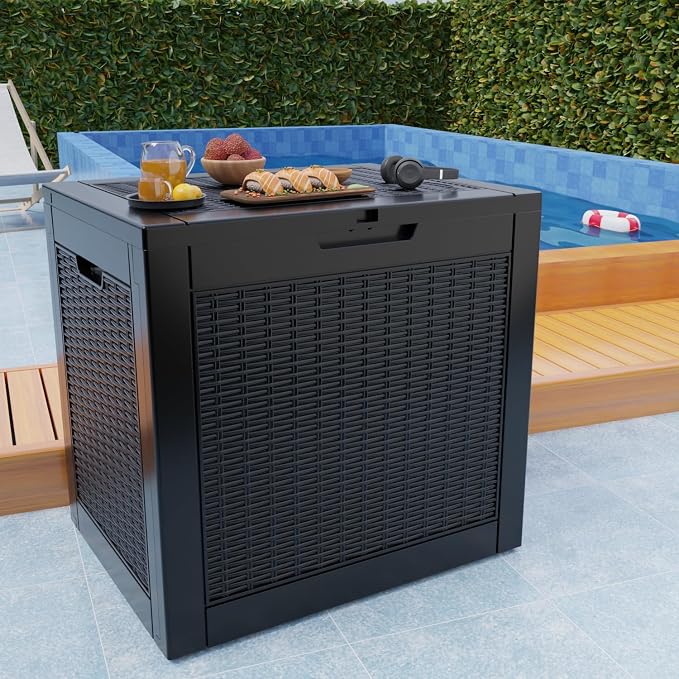 Resin Deck Box, Lockable Patio Outdoor Storage Box for Furniture, Garden Tools and Tools Storage, Waterproof Outside Storage Boxes (Black, 30 Gallon)