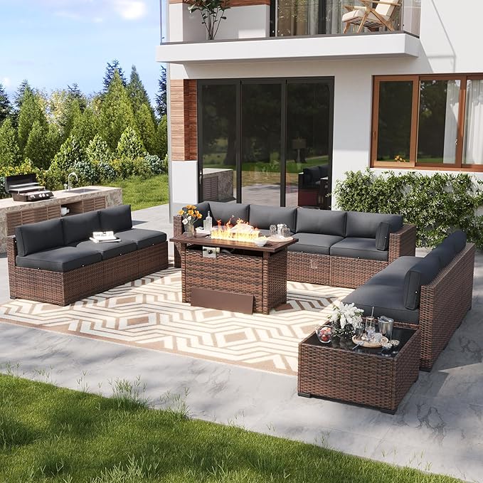 LazySunsets 12 Piece Outdoor Patio Furniture Set with 44'' Fire Pit Table, Outdoor Patio Furniture Sets with Waterproof Cover and 4'' Cushion, Wicker Rattan Outdoor Conversation Set for Backyard, Grey