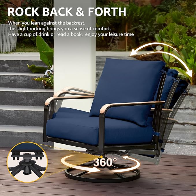 NATURAL EXPRESSIONS Patio Furniture Sets,4 Pieces Metal Outdoor Conversation Sofa Set with High Back Swivel Rocking Chairs with Anti-Scald Armrest,Double-Deck Wooden-Grain Table,6" Cushions for Yard