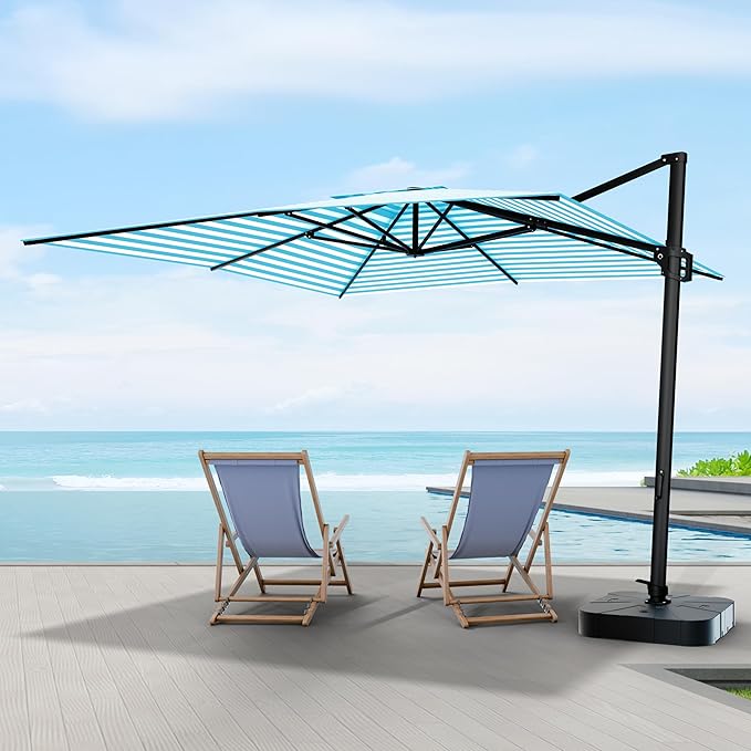 Midtown Umbrellas 9 x 9 Ft Outdoor Cantilever Patio Umbrella w/Terylast Cobalt Stripes Fabric - Tilt 360° Offset Patio Umbrella, Deck Patio Umbrella, Backyard Umbrella & Garden Umbrella - Black Frame