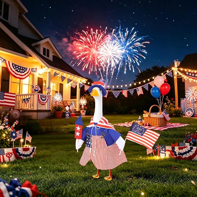 4th of July Porch Goose Outfit with Hat & Cape for 23" Goose, Outdoor Decor | 250th Anniversary Flag Design, Goose Clothes with Cape & Hat, Independence Day Decor for Outdoor Porch Yard Lawn Garden