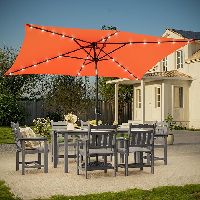 Rectangle Patio Umbrella with Solar Lights, 6x9ft Outdoor Rectangular Table Market Umbrella Patio with Push Button Tilt and Crank for Pool, Deck, Garden,Backyard