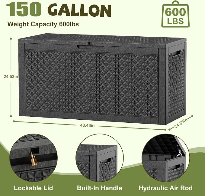 150 Gallon Outdoor Storage Box, Large Resin Deck Box Waterproof, Lockable Toy Storage Container, Storage Bins with Lids for Patio furniture, Garden Tool Box, Black