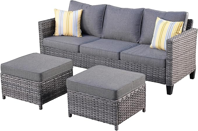 ovios 3 Pieces Patio Furniture Set Outdoor Sofa with Ottomans, Wicker Rattan Couch with Footrests Comfy Cushions, All Weather Sofas Couches for Porch Backyard Garden, Dark Grey