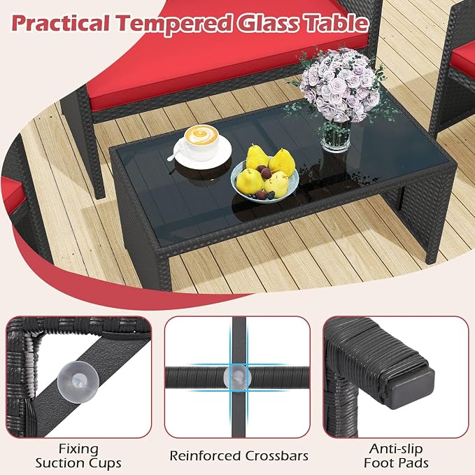 RELAX4LIFE 4-Piece Patio Furniture Set - Wicker Rattan Outdoor Sectional Sofa Set w/Glass Coffee Table, Loveseat, 2 Chairs & Soft Cushions, Bistro Conversation for Garden Porch (1, Black-Red)