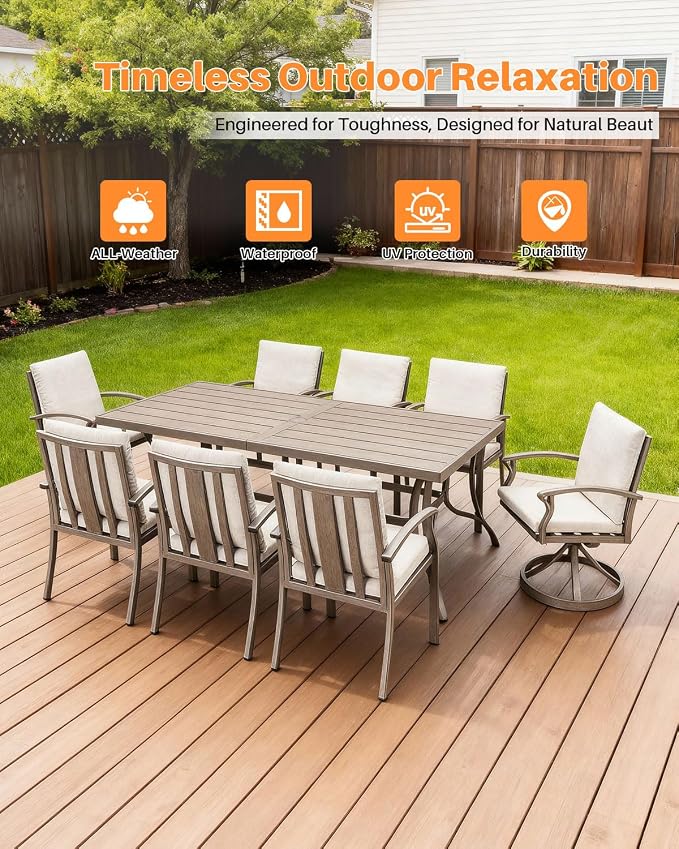 Patio Dining Table for 8, Never Rusts Aluminum Outdoor Dining Table, 84" x 38.6" Rectangular Patio Table for Outside, Outdoor Patio Table for Deck, Garden Poolside, Limed Oak