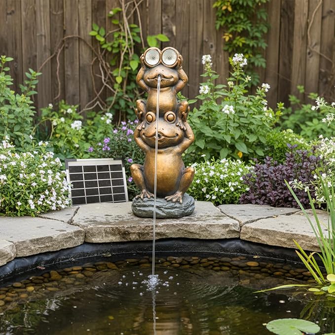 Water Fountain Outdoor with Solar Frog Eye/Electric Pump, Funny Frog Statue Water Feature Waterfall Outdoor Fountain for Garden, Pool, Patio, Porch