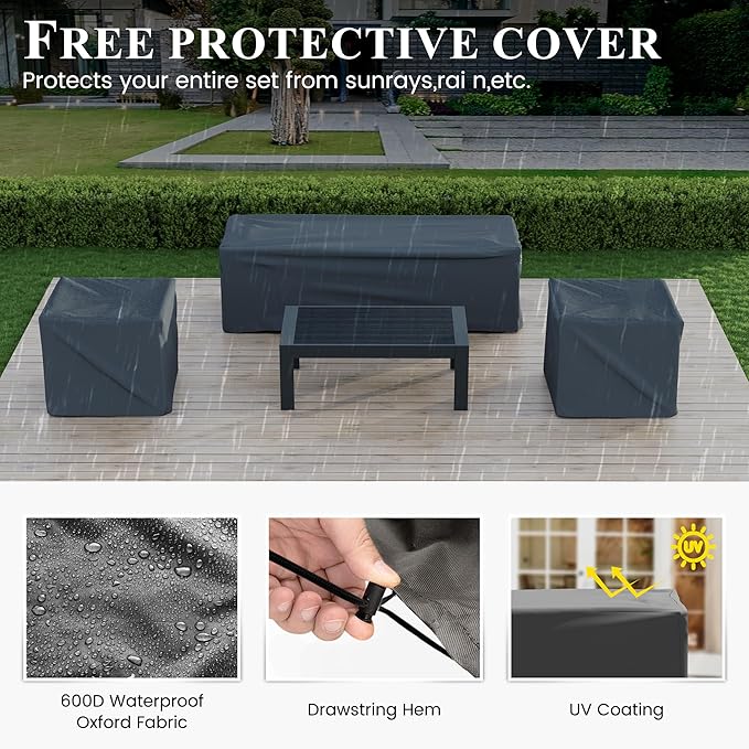 Aluminum Patio Furniture Set, Grey Metal Outdoor Furniture Set,6 Piece Patio Set with Waterproof Covers for Backyard Garden