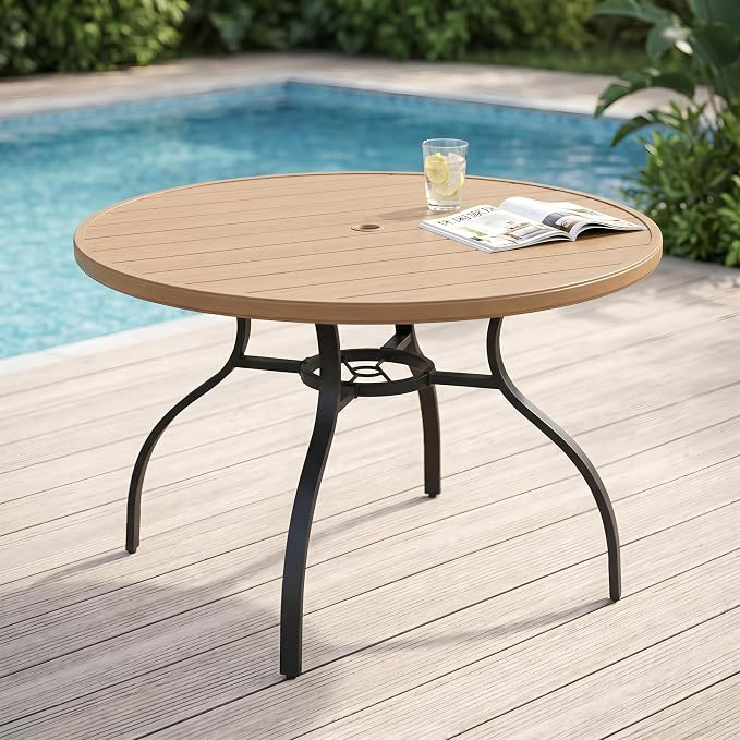 47” Round Outdoor Dining Table for 6,Metal Patio Dining Table with Adjustable Umbrella Hole,All-Weather Brown Outdoor Patio Table for Porch, Garden, Backyard, Poolside, Lawn