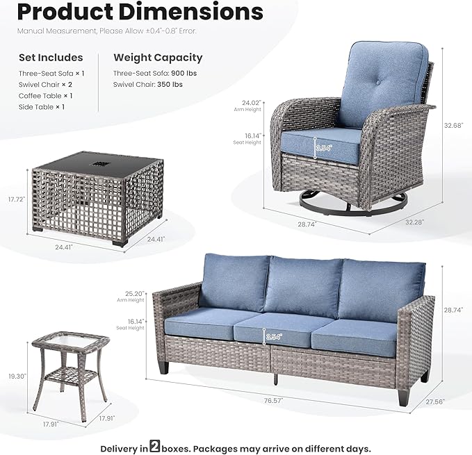 ovios 5 Pieces Patio Furniture Set, Outdoor Wicker Sofa Couch with Rocking Swivel Chairs Solar Lights Table, Modern Deep Seat Rattan Conversation Sets for Deck Porch, Denim Blue