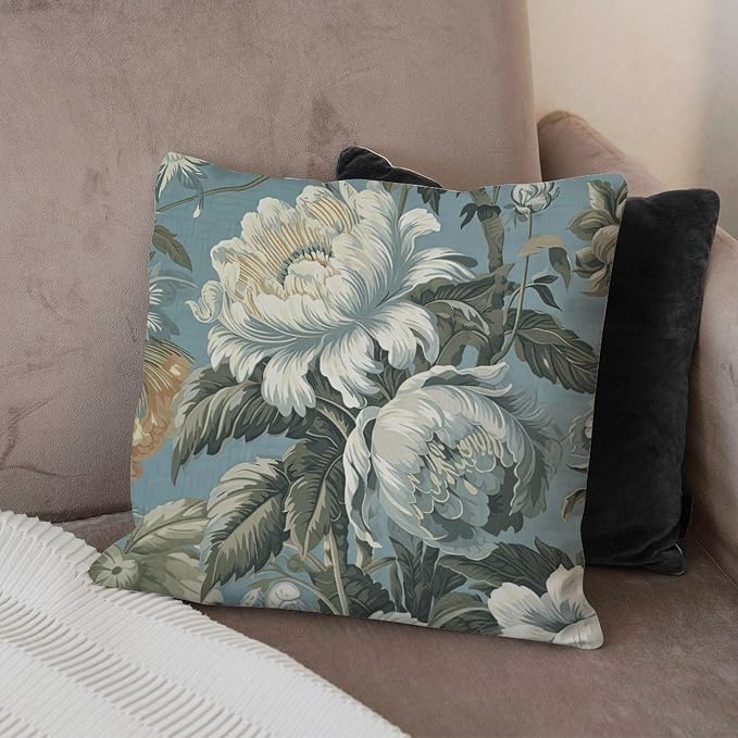 Spa On Flax Blue Chinoiserie Pillowcase Grey Peony Asian Pillowcase 18x18 INModern Accent Decorative Cushion Covers Home Decor for Living Bed Room Patio Home