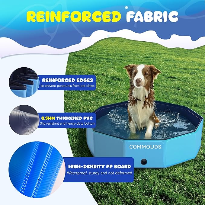COMMOUDS 97Inch Extra Large Foldable Dog Pool, Collapsible Hard Plastic Dog Kiddie Swimming Pool, Portable Pet Bath Tub Wading Pools for Kids and Puppy Small Medium Large Dogs