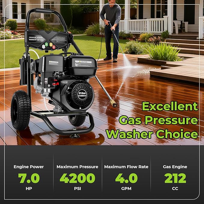 Professional 4200PSI 4GPM 212CC Gas Pressure Washer, 7.0HP Heavy-Duty 3600RPM Commercial Gas Power Washer with 1000ML Foam Bottle 9" Wheels 5 Nozzles 25FT Hose (EPA/CARB/ETL Compliant), Black