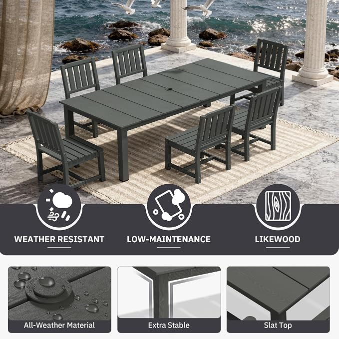 AreShark 7-Piece Outdoor Dining Set,HDPE Patio Table with 6 Armless Chairs,All-Weather Patio Furniture Set with Umbrella Hole,Low Maintenance Wood Grain Dining Set for Backyard,Garden,Poolside,Black