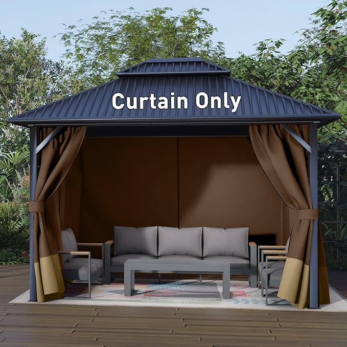 Aoodor 10x12 ft Outdoor Gazebo Curtains, 4 Panels Waterproof Privacy Sidewall Replacement with Zipper for Patio Pergola and Canopy, Brown and Khaki