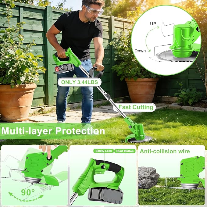 Electric Cordless Weed Wacker, 21V Electric Weed Wacker Eater with Battery Charger, 3 in 1 Grass Trimmer with 4 Types Blade, Lightweight Adjustable Design for Lawn, Yard