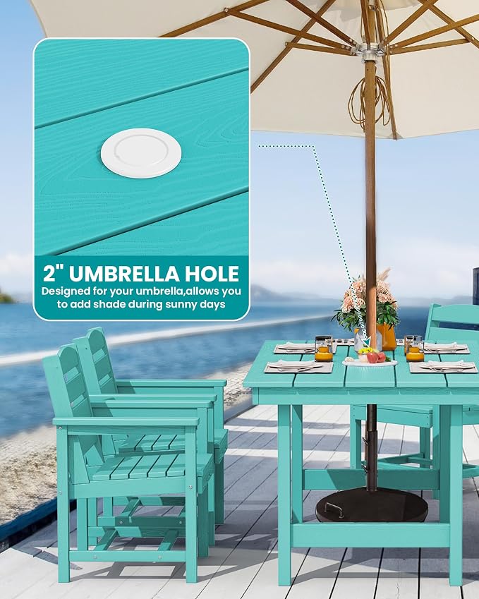 SERWALL 8-Pc HDPE Dining Set, 1 Table, 1 Umbrella & 6 Chairs, Aruba | Patio Dining Set with Umbrella, 67"Rectangular Table & 6 Chairs & 15FT Umbrella, All Weather Dining Furniture