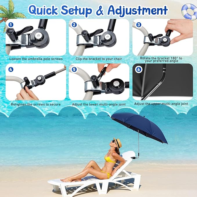 Sadnyy 6 Pcs Beach Chair Umbrella with Universal Clamp, 360 ° Adjustable Clip on Umbrellas 42" UPF 50+ Portable Sun Shade for Beach Chair Patio Camping Wheelchair Stroller Golf Cart