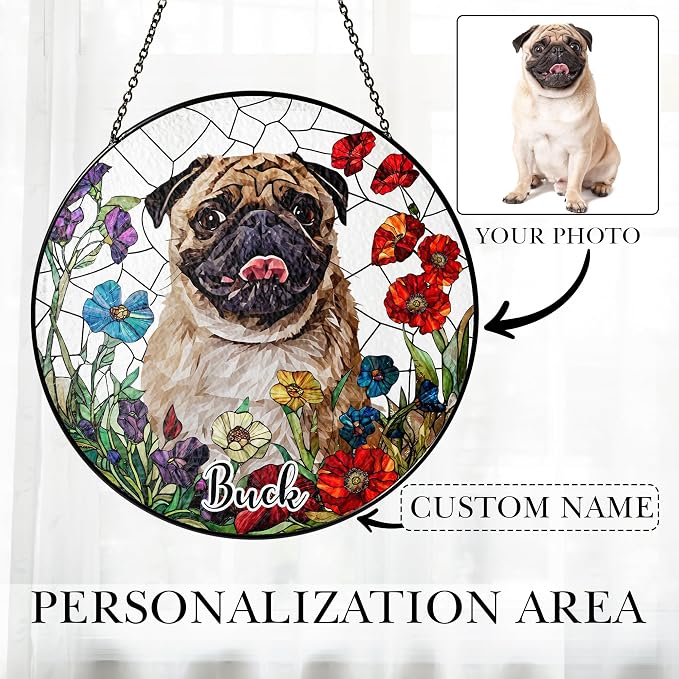 Personalized Stained Glass Pet Photo Suncatcher – Custom Pet Portrait Memorial Window Hanging with Flowers, Keepsake Valentines Gift for Dog Lovers, Cat Lovers, Family Home Decor
