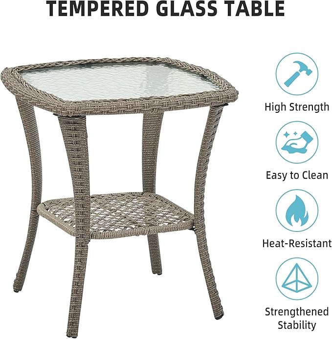 GarveeHome 3 Piece Outdoor Patio Set, Wicker Rocking Bistro Set with 2 Swivel Chairs & Tempered Glass Top Table, Rattan Outdoor Furniture with Cushions for Patio Porch Backyard