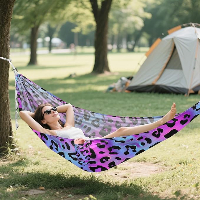 Camping Hammock Outdoor Hammocks for Outside Purple Laser Leopard Cheetah Beach Trees Portable Lightweight with Pockets Tree Straps Indoor