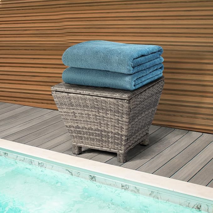 Outdoor PE Wicker Side Table with Storage – 13 Gallon Patio Storage Bin, All-Weather Rattan Coffee Table for Garden, Balcony, Poolside – Holds Hose, Cushions, Towels (Grey)