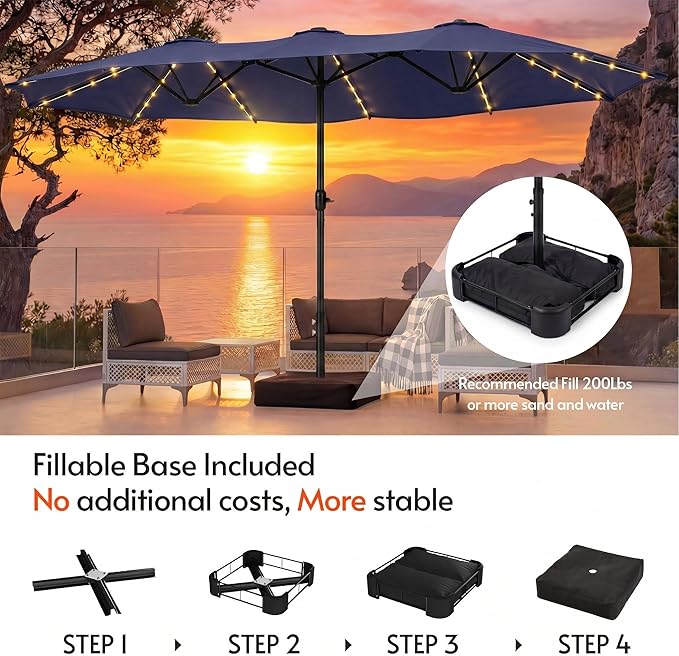 15ft Double-Sided Patio Umbrella with Solar Lights and Base Included, Large Patio Umbrella with 48 LED Dual-Color Lights, 135 Sq Ft Shade Area Patio Table Umbrella for Pool, Outddor, Deck (Navy Blue)