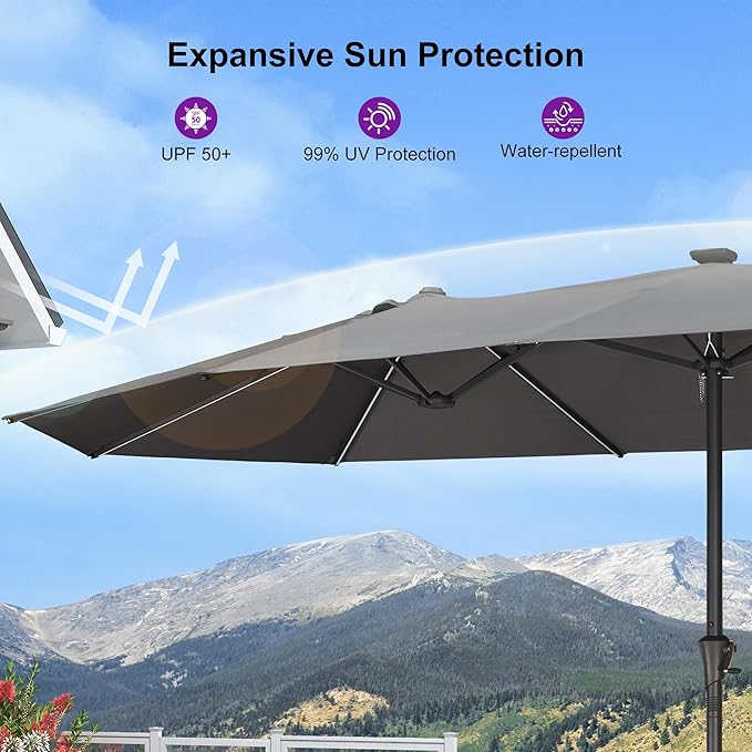 PURPLE LEAF 13ft Double-Sided Patio Umbrella with Solar Lights Outdoor Market Umbrella with Base and Crank Handle Table Umbrella for Backyard Pool Garden Deck, Grey