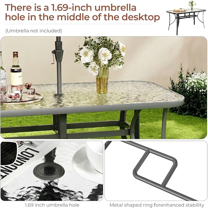TLSUNNY Patio Outdoor Table W/ 1.69″ Umbrella Hole, 30"X 55" Rectangular Tempered Glass Patio Dining Table for 6, Outdoor Metal Furniture, All-Weather Use, for Patio, Graden, Backyard (Grey)