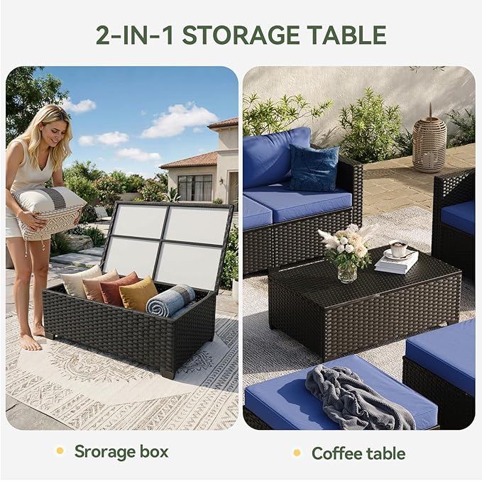 Aoxun 7 Piece Outdoor Patio Furniture Set 6 Seats, Outdoor Sectional with Thick Waterproof Cushions & Storage Coffee Table, Patio Conversation Sets for Garden,Backyard, Porch, Balcony, Deck, Blue