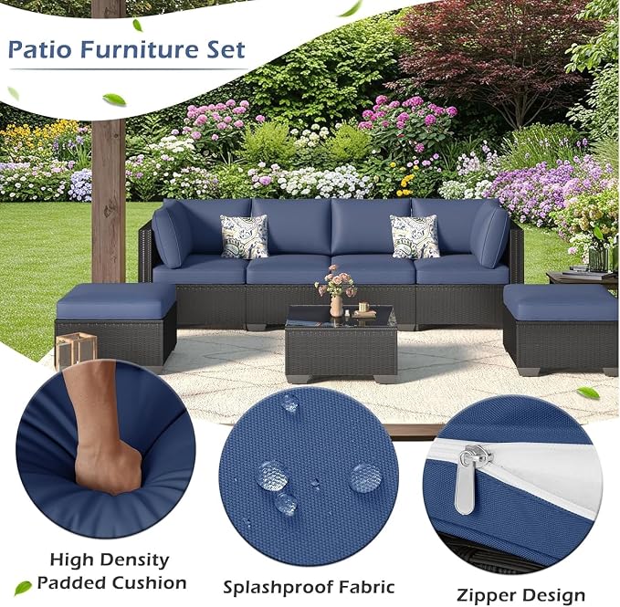 7 Piece Outdoor Patio Furniture Set with Cushions, PE Rattan Wicker Sectional Furniture Chair Set with Tea Table, Modular Patio Sofa for Garden, Backyard, Balcony Outdoor Lounge Area(Beige)