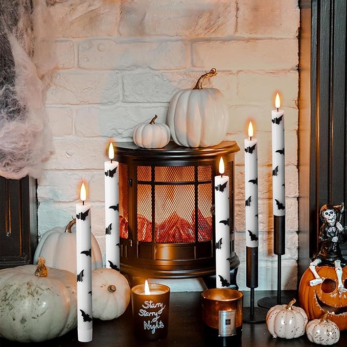 Eldnacele Halloween Flameless Taper Flickering Candles with Remote and Timer, Battery Operated Bats Decal Real Wax 3D Wick LED Candles White 4 Pack for Fireplace Holiday Spooky Halloween Decor
