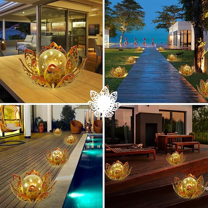 Afirst Solar Lights Outdoor, Lotus Lamp Garden Decor Metal Crackle Glass Solar Lantern Decorative Waterproof Tabletop Landscape Path Light LED Table Light for Patio,Lawn,Walkway,Tabletop,Pathway