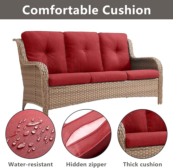 Rilyson Outdoor Couch Wicker Patio Sofa - 3 Seat Rattan Sofa with Deep Seating and Comfortable Cushions for Porch Deck Balcony Garden(Yellow/Red)