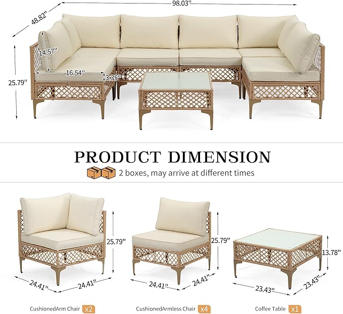 FHFO 7 Piece Patio Furniture Set, Outdoor Wicker Modular Sectional Patio Conversation Set with Thicker Cushion & Tempered Glass Coffee Table for Backyard, Poolside, Porch (Yellow/Beige)