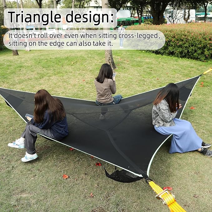 Triangle Hammock, 13ft Camping Hammock with 3 Ratchet Tie Down Straps and Storage Bag, 3 Point Hammocks Portable Max 800 Lbs for 2-3 Adult Kid, Multi Person Tree Hammock for Outside Travel