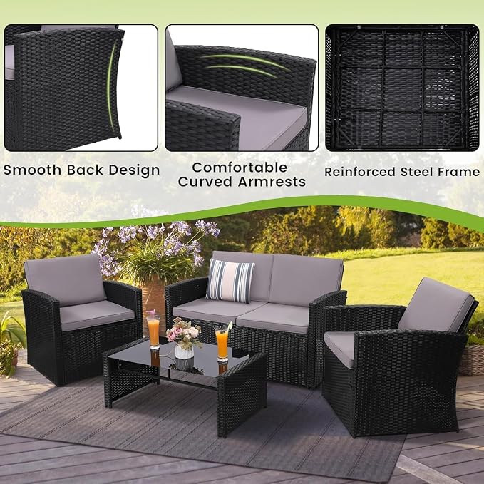 4 Pieces Outdoor Patio Furniture Set with Rattan Sectional Sofa, Cushioned Wicker Conversation Set in Black Frame and Light Grey Cushions for Garden Porch Backyard Relaxing Seating