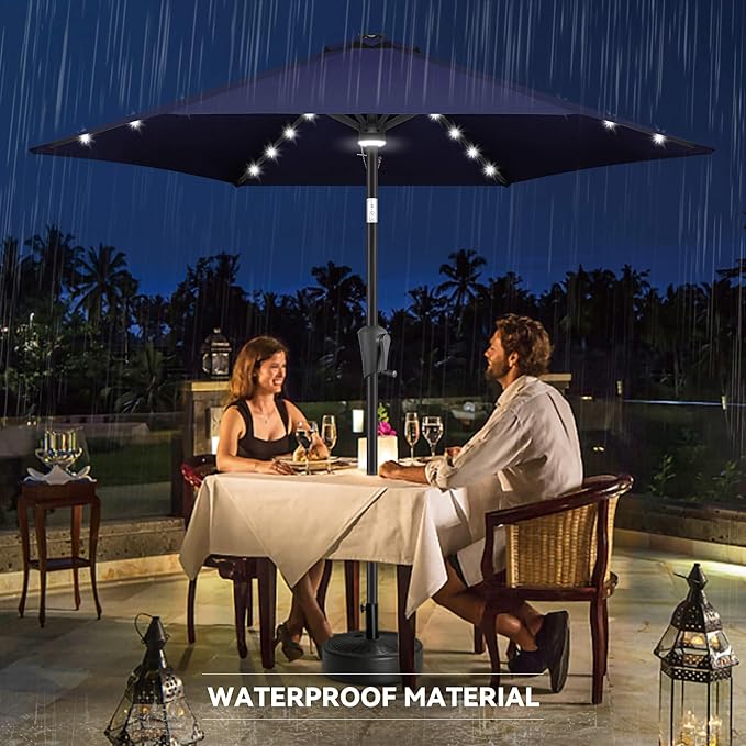 10ft Solar Patio Umbrella - Outdoor Umbrella with Centre Surround Light 24 LED Lights, Market Table Umbrella with Tilt for Pool, Porch, Garden, Deck, Backyard UV Protection (Navy Blue)