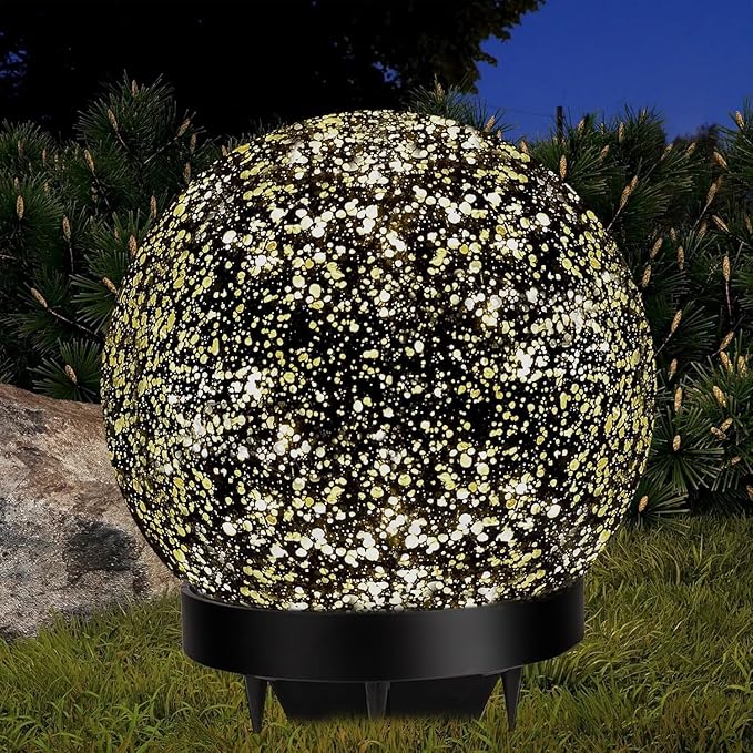 Solar Globe Lights Outdoor Waterproof, Cracked Glass Ball Orb Lights, Waterproof Globes for Garden Pathways, Patio Decor & Backyard Landscaping, Round Ornaments Orbs (Silver dots)