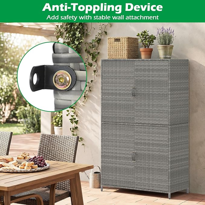 Tangkula Rattan Outdoor Storage Cabinet, Patiojoy Outdoor Cabinet with 2 Adjustable Shelves, 4 Doors, Patio Storage Deck Box Table for Patio Garden Poolside