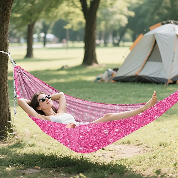 Pink Sparkling Glitter Camping Hammock, Portable Lightweight Single Hammock with Tree Straps and Aluminum Carabiners, 114" x 54" Travel Hammock for Hiking Backpacking Beach