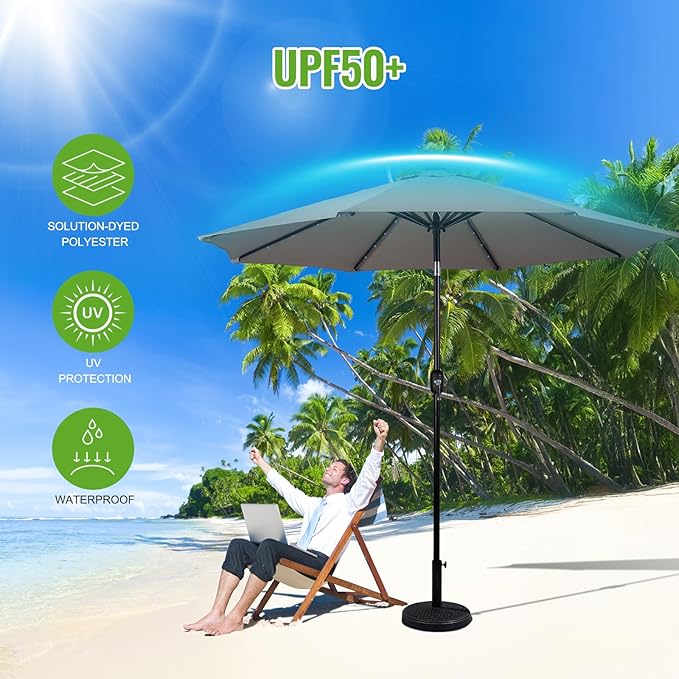 Backyard Expressions 9FT Solar Patio Umbrella with 32 LED Lights, UPF50+ UV Protection, Fade-Resistant Fabric, Easy Tilt & Crank, Outdoor Umbrella for Patio, Deck & Pool (Base Not Included)