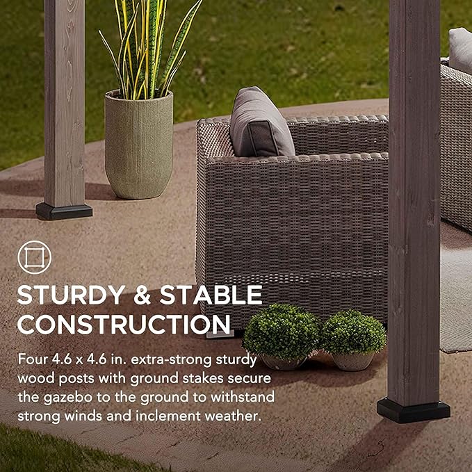 SUNJOY 13 x 15 ft. Wood Gazebo, Outdoor Patio Cedar Framed Wooden Hardtop Gazebo with 2-Tier Metal Roof, Suitable for Patios, Lawn and Backyard, Matte Black Roof + Gray Wood Frame