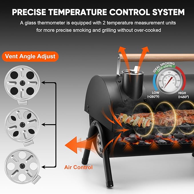 Portable Charcoal Grill with Basic BBQ Tools, HaSteeL Compact Tabletop Barbecue Grill with Thermometer, Small Smoker for Outdoor Camping Backyard Beach BBQ, Thick Steel, Easy to Assemble