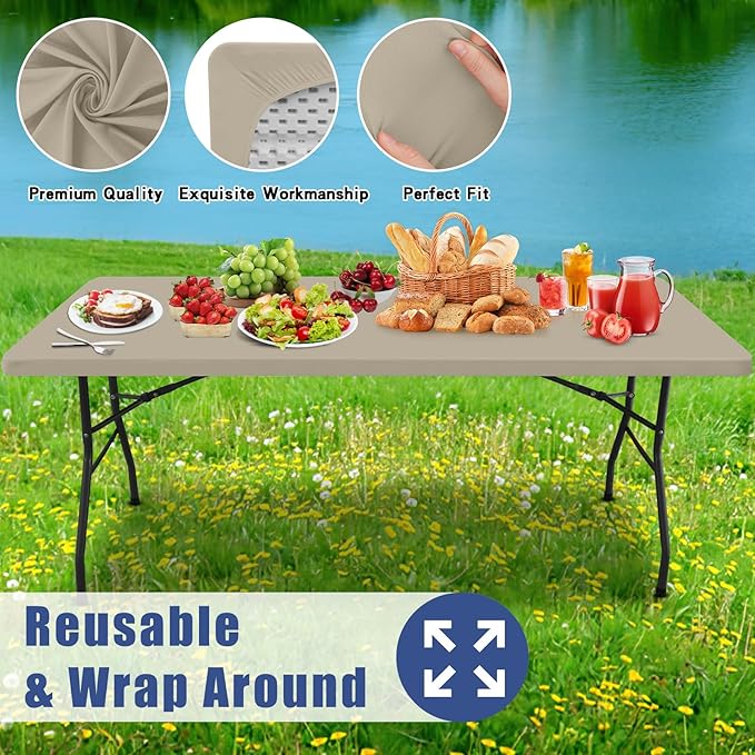 Moosfor Spandex 4 Foot Rectangle Table Cloth 2 Pack, Elastic Fitted Tablecloths for Picnic, Stretch Washable Patio Table Cover for Outdoor, Camping, Banquet and Parties (Taupe, 30"x48")