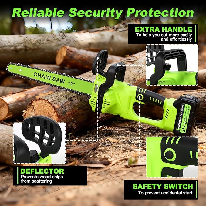 12" Electric Chainsaw Cordless, 21V Battery Chainsaw 2 x 4.0AH Battery, power chain saws with 2xChains & Guide Plate, Handheld Electric Power Chain Saw w Auto Oiling for Wood Cutting Trimming Branch